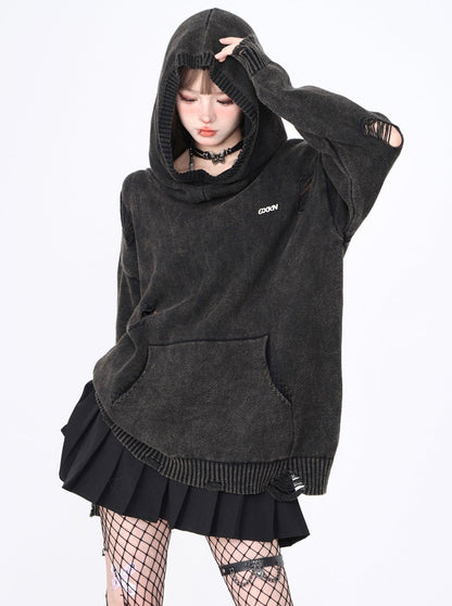 Damaged dark hooded knit top