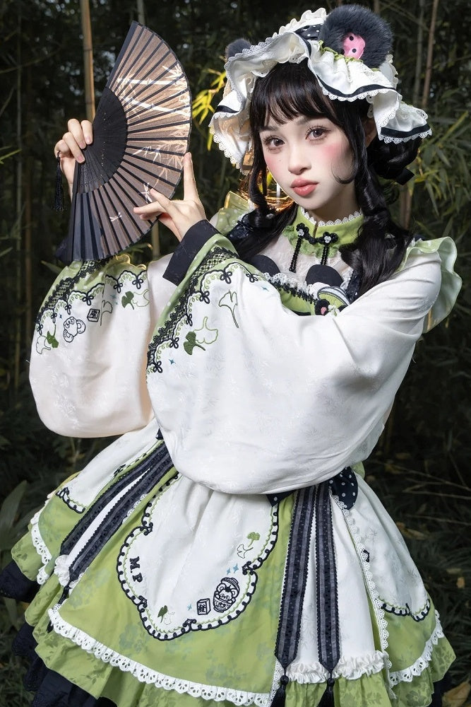 [Pre-order Deadline: October 25] Pink/White/Green Chinoiserie Lolita Sweet Panda Polka Dot Lace Apron Ruffle OP Dress
