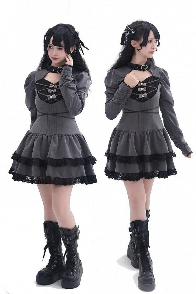 [Reservierungsschluss 28. September] Pink x Schwarz/Grau x Schwarz Gothic-Kleid mit herzförmigem Ausschnitt, Gürtelkragen, Spitzenbesatz und Schleifendetail