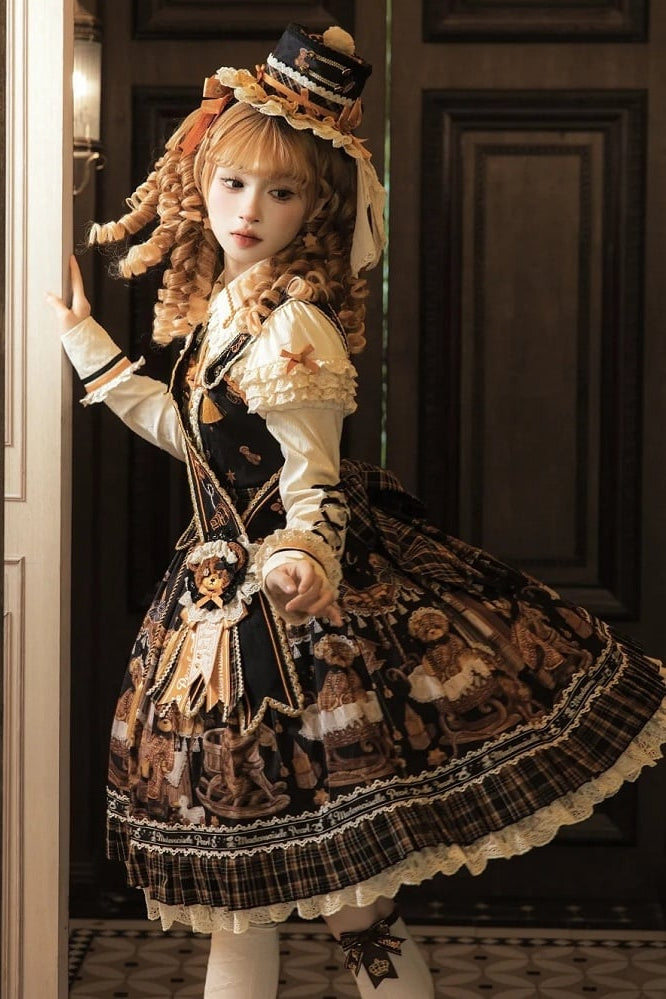 [Reservierungsschluss 8. September] Classic Bear Lolita-Stufenkleid mit weißem Kragen, Karomuster, Spitze und Schleife+Vintage-JSK-Kleid mit Teddybär-Print und Spitze+Vintage-Lolita-Kleid mit Teddybär-Print, Karokragen und klassischem Karomuster