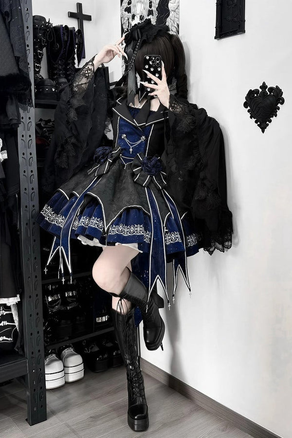 [Pre-order Deadline: April 11] Blue Red Noir Dark Gothic Lolita Jacket Dress Princess Sleeve Full Set + Matching Set