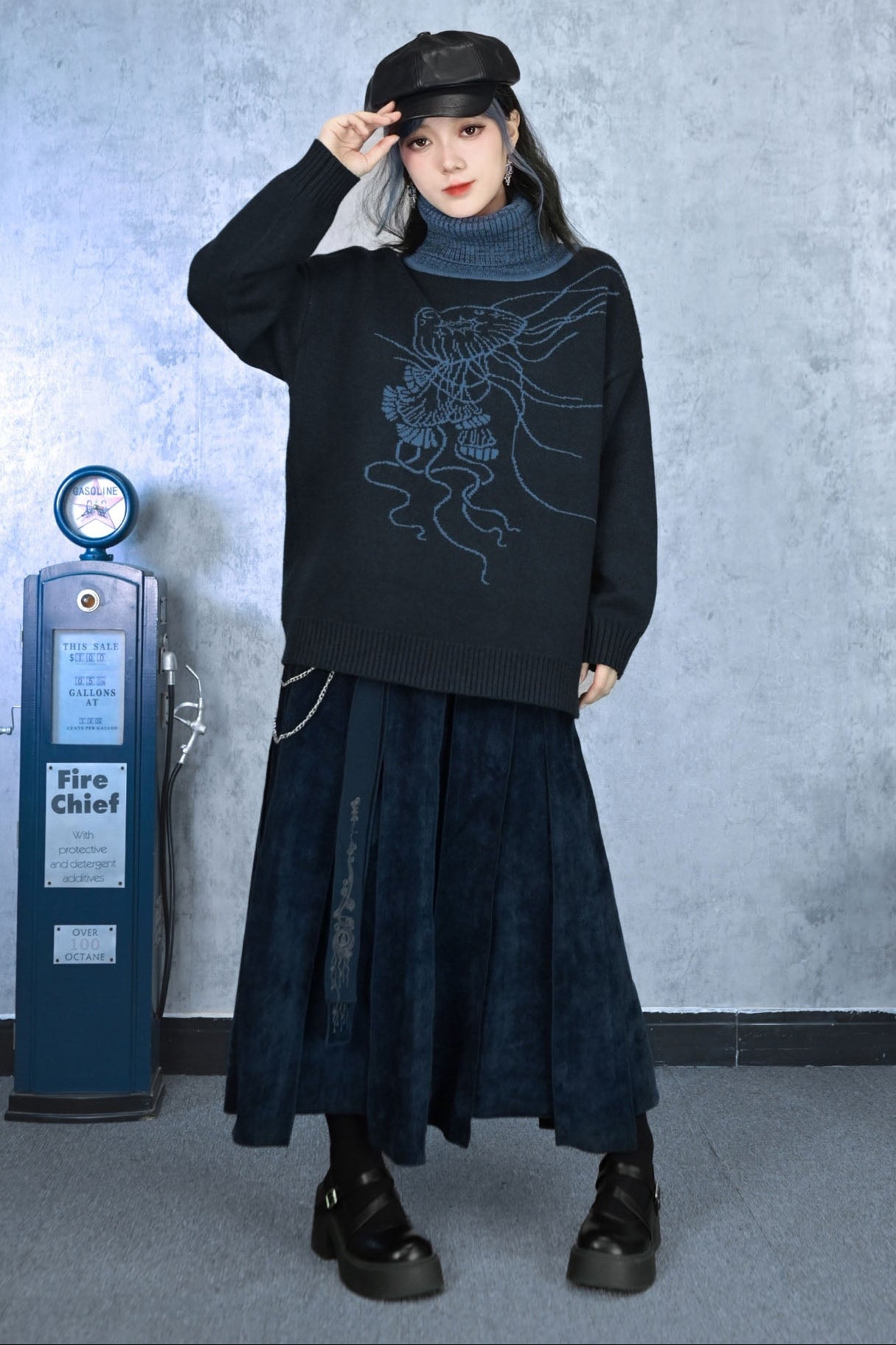 Weird House "Blue Tears" chenille multi-piece spliced streamer skirt women's autumn and winter black midi A-line skirt