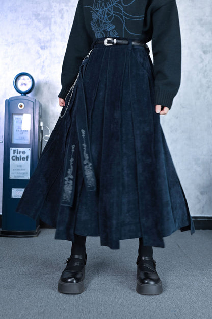 Weird House "Blue Tears" chenille multi-piece spliced streamer skirt women's autumn and winter black midi A-line skirt