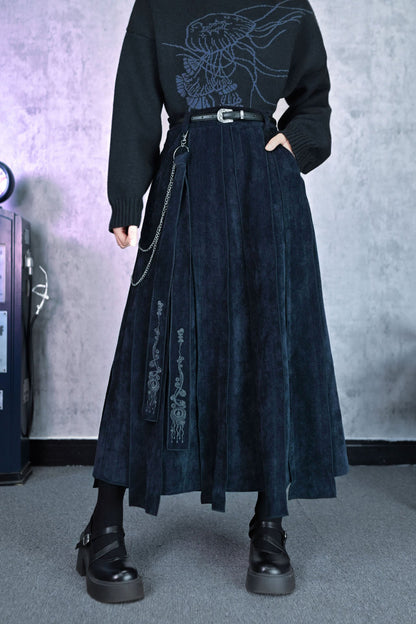 Weird House "Blue Tears" chenille multi-piece spliced streamer skirt women's autumn and winter black midi A-line skirt