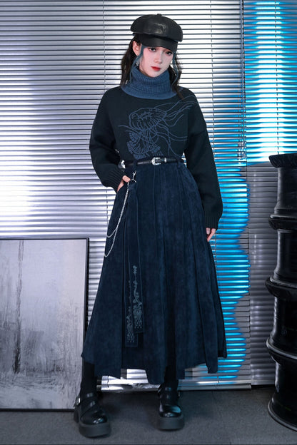 Weird House "Blue Tears" chenille multi-piece spliced streamer skirt women's autumn and winter black midi A-line skirt