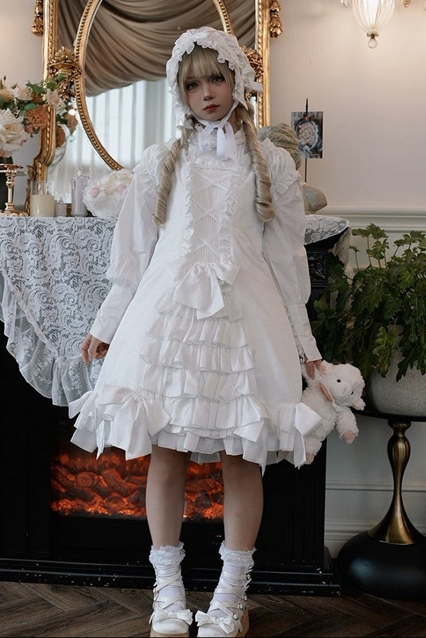 [November 15 Reservation Deadline] White Doll Style Front & Back Two-Way Ruffle Ribbon Lolita Dress (Short/Long) + Matching Shorts (Short/Long) + BB Hat