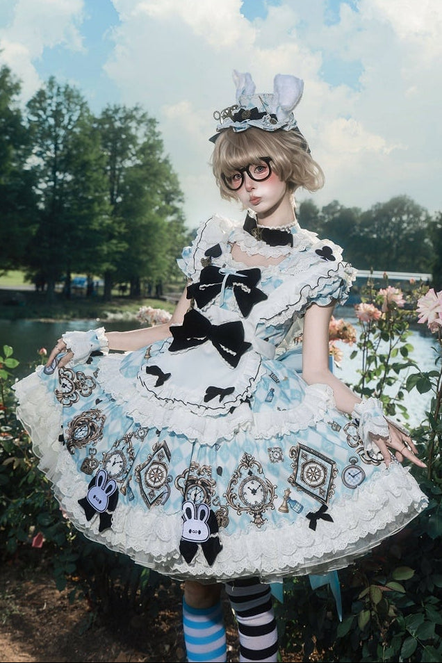 [Reservierungsschluss 30. Juni] Blau-weißes Alice-im-Wunderland Sweet-Lolita-Schleifen-Schürzen-OP-Kleid + Komplettset 1/2