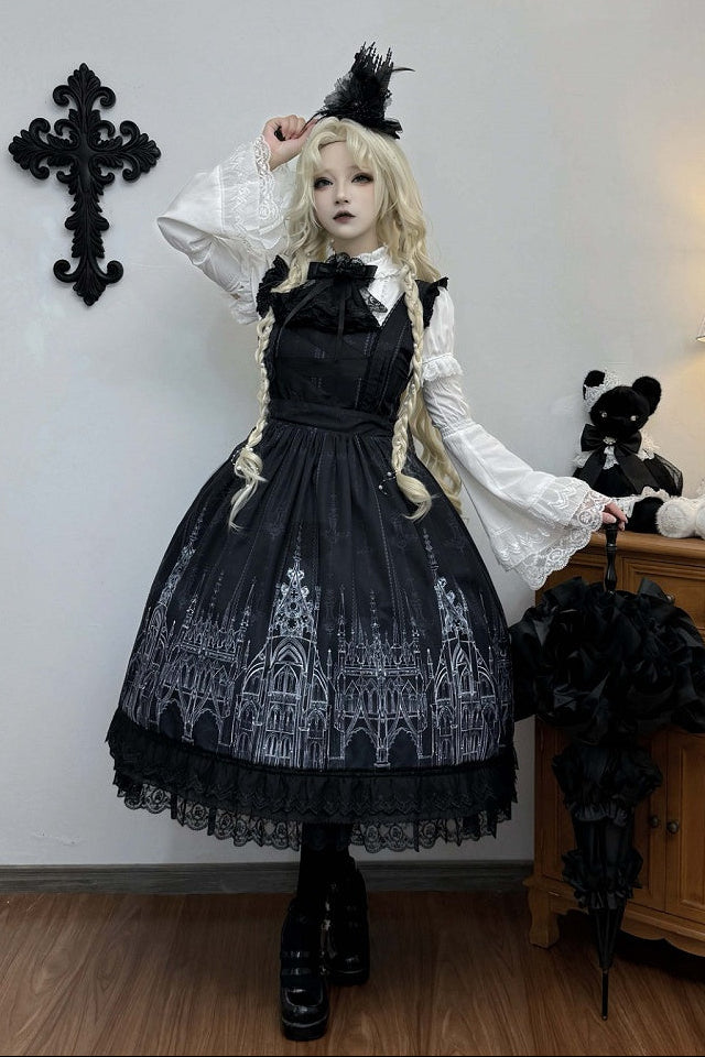 【10月13日予約締切】Gothic Lolita Black White Cathedral Print Lace Trim JSK Dress + Full Dress Set (Detachable Sleeved Shirt, Mini Hat, Apron, Brooch)
