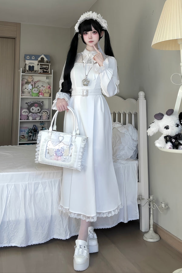 Clear Lace Elegant Bow Long Dress