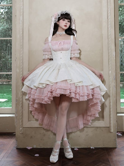 【4月28日予約締切】ピンク×ホワイトエレガントゴシックロリータコルセットレイヤードJSKドレス＋オフショルダーレースパフトップス
