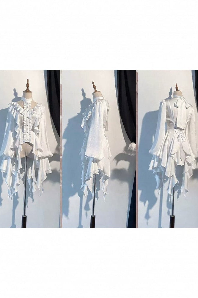 [November 9 Preorder Deadline] Victorian Gothic Lolita Halter-Neck Blouse with Flared Sleeves, an Asymmetrical Frill, and a Train