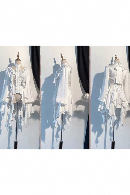 [November 9 Preorder Deadline] Victorian Gothic Lolita Halter-Neck Blouse with Flared Sleeves, an Asymmetrical Frill, and a Train