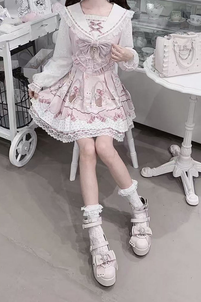 【8月30日予約締切】Pink and white rabbit print lace sailor collar Op dress +pleated dress skirt set＋ 3 Styles of Bow Tie Available