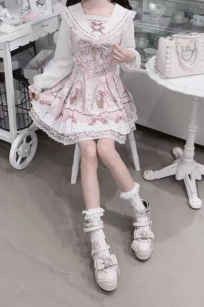 【8月30日予約締切】Pink and white rabbit print lace sailor collar Op dress +pleated dress skirt set＋ 3 Styles of Bow Tie Available