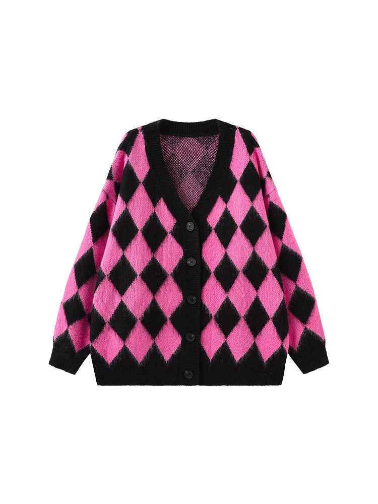 Pink Diamond Check Lazy Style Mohair V-Neck Knit Cardigan