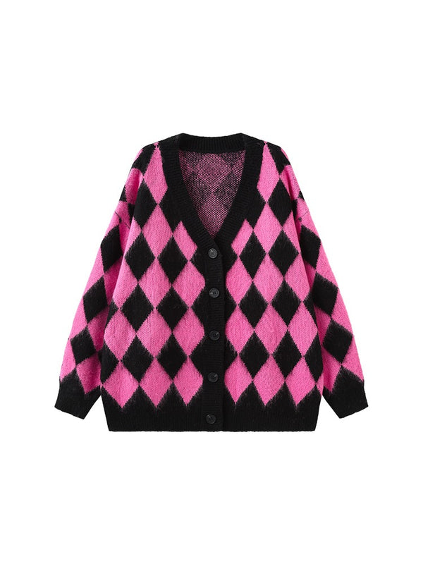 Pink Diamond Check Lazy Style Mohair V-Neck Knit Cardigan
