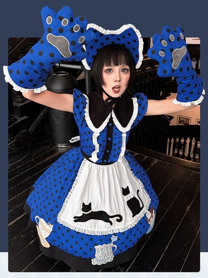 【8月18日予約締切】ダークブルー×ブラックドット猫カフェテイストメイドロリータドレス（エプロン付き）＋コンプリートセット