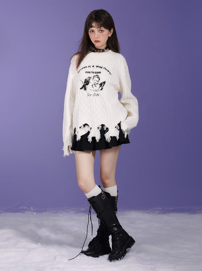 Sweet Cool Milk White Angel Print Damaged Knit