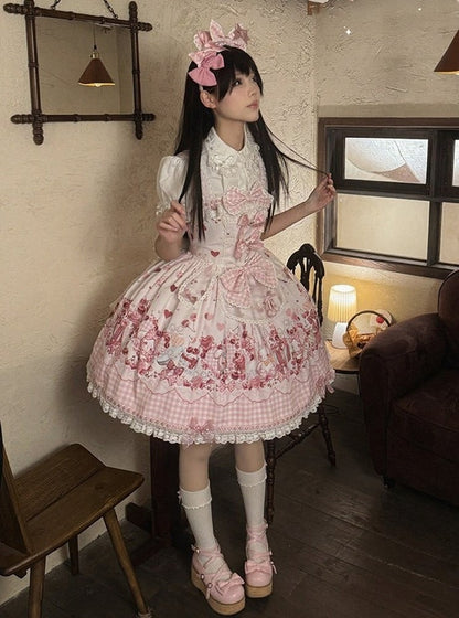 [Précommande jusqu'au 5 mai] Robe JSK à imprimé cerises roses, dentelle, ruban et tablier oreilles de lapin + accessoires