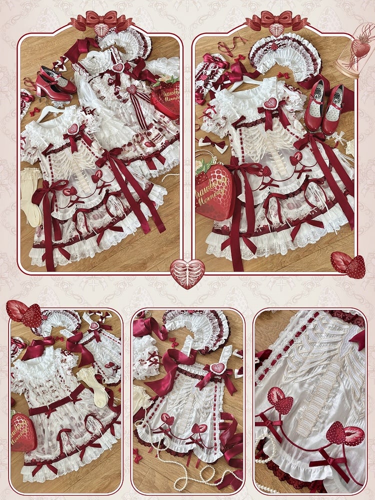 【11月4日予約締切】Strawberry Print Sweet Lolita Lace Bow JSK Dress + Puff Sleeve Lace Bow Doll Dress with Bone Embroidery Apron