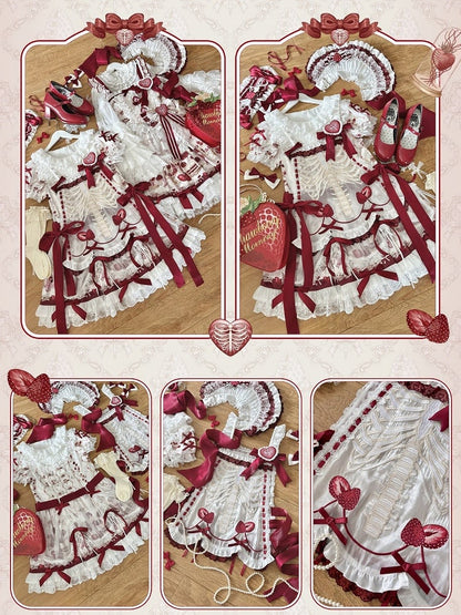 【11月4日予約締切】Strawberry Print Sweet Lolita Lace Bow JSK Dress + Puff Sleeve Lace Bow Doll Dress with Bone Embroidery Apron