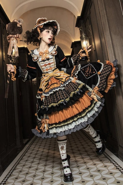 [Reservierungsschluss 8. September] Classic Bear Lolita-Stufenkleid mit weißem Kragen, Karomuster, Spitze und Schleife+Vintage-JSK-Kleid mit Teddybär-Print und Spitze+Vintage-Lolita-Kleid mit Teddybär-Print, Karokragen und klassischem Karomuster