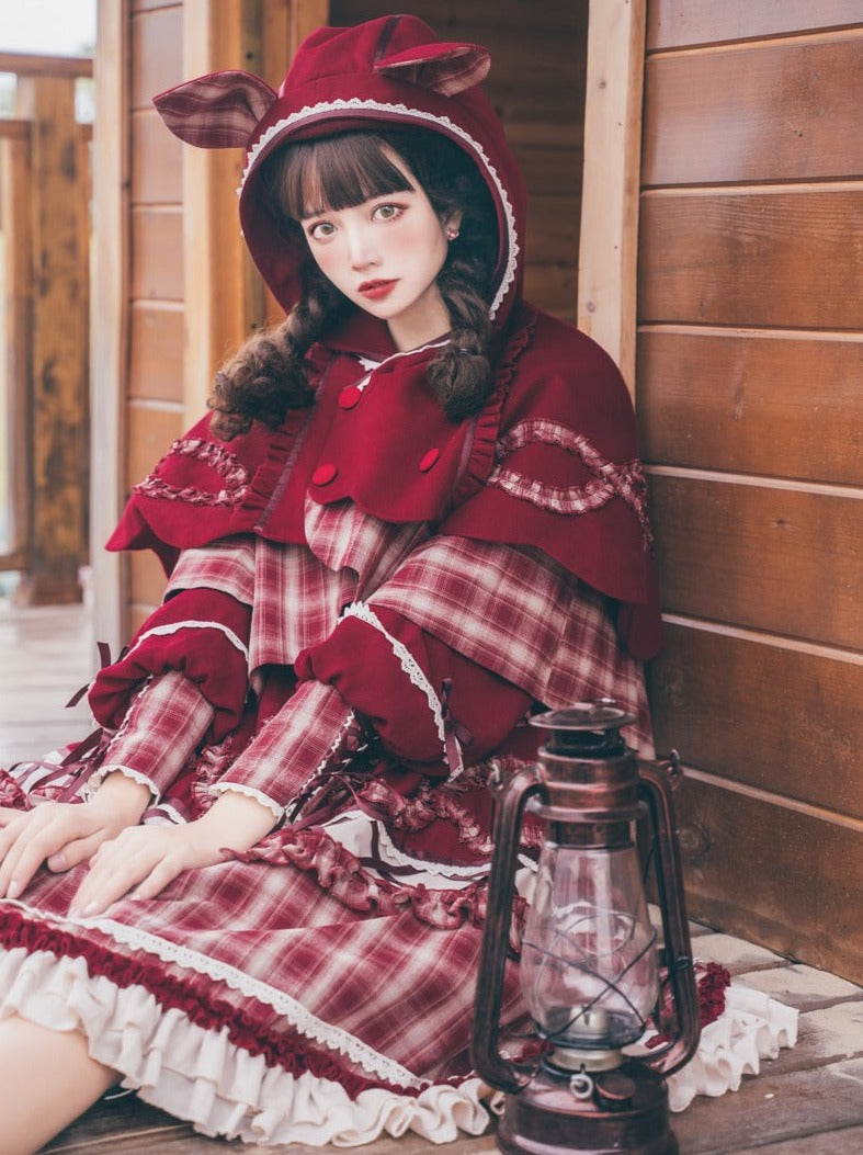 Check Ribbon Lace-up Lantern Sleeve Tiered Dress + Wolf Ear Hoodie Check Layered Cape Coat [Little Red Riding Hood Coordination]