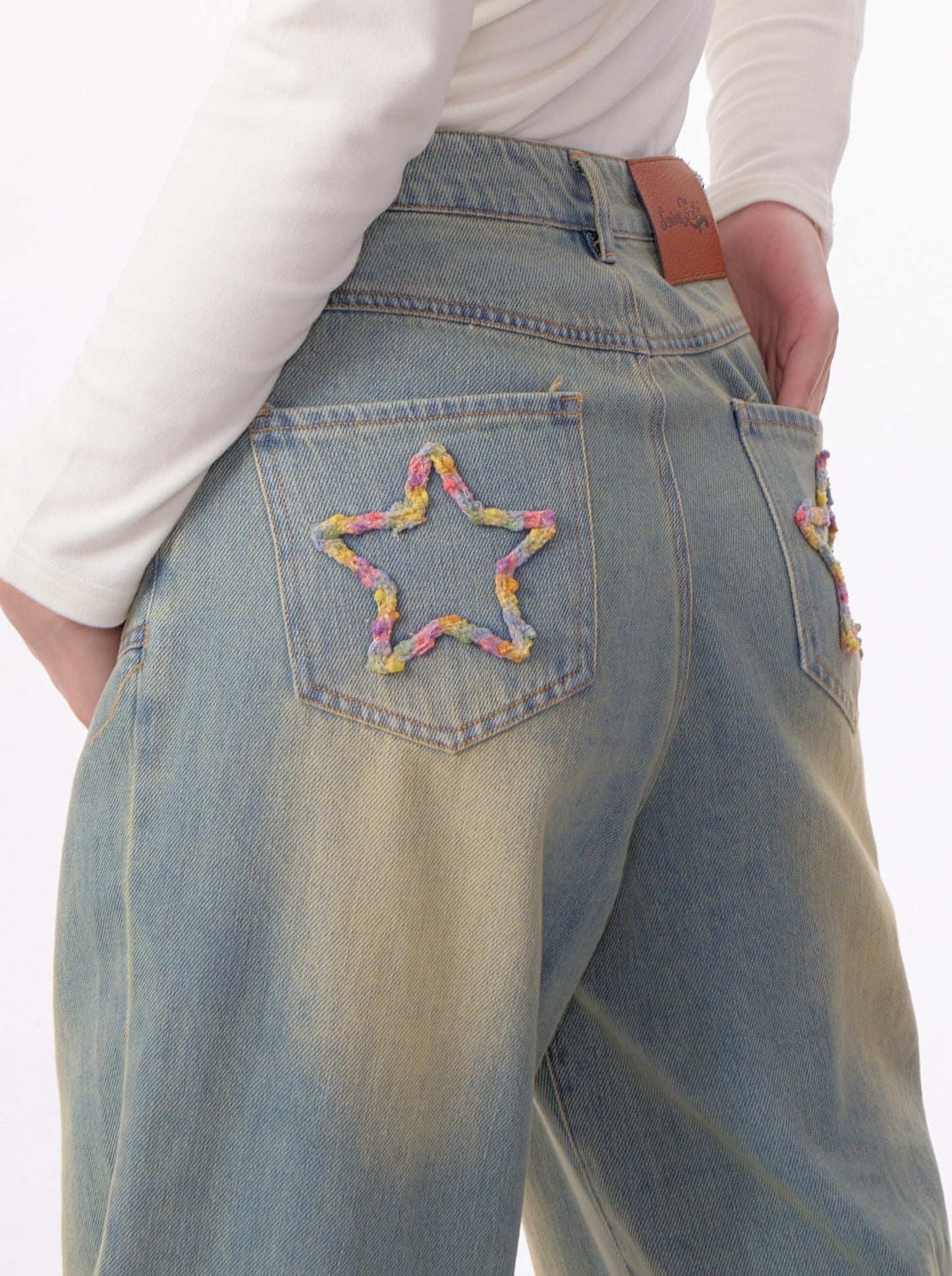 Light Blue American Retro Star Denim Pants