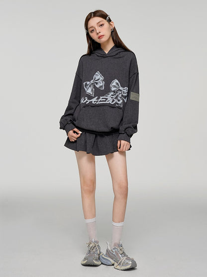 Ribbon Print Loose Sweatshirt Hoodie + Skirt