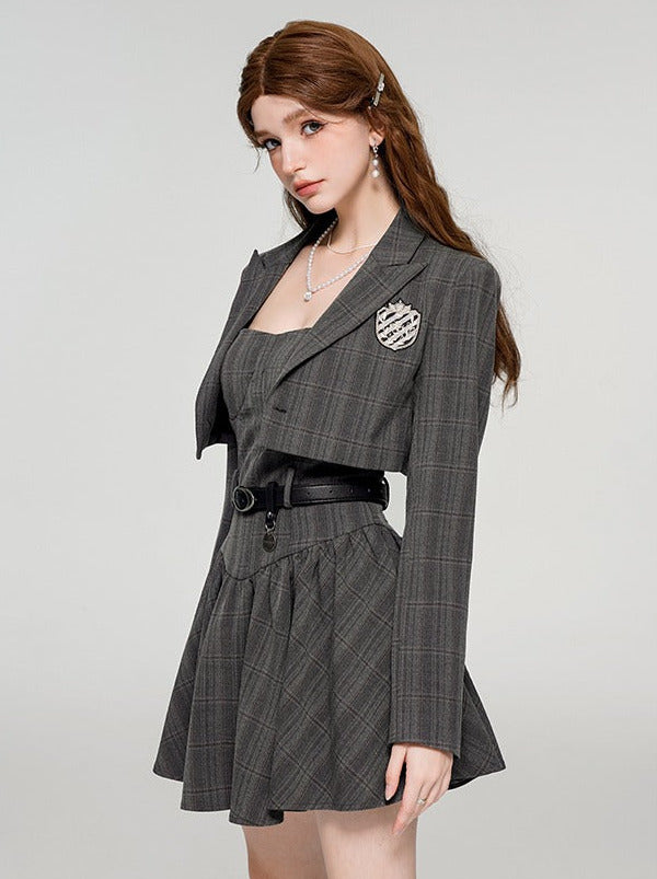 College Style Classic Gray Check Short Jacket + Dress