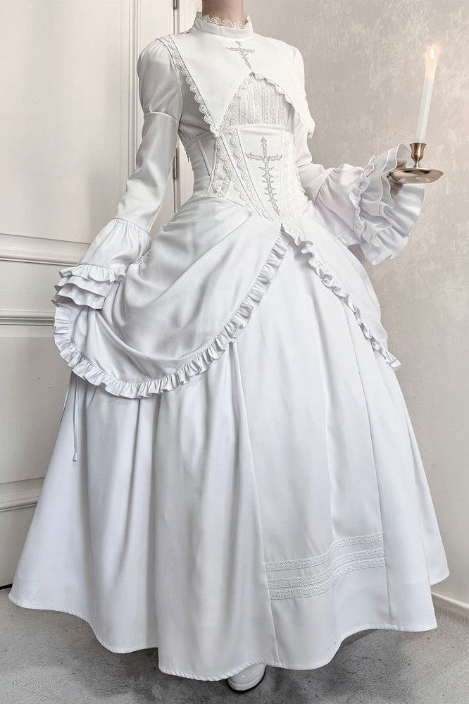 [Termine prenotazione 30 maggio] Abito gothic lolita bianco e nero con maniche svasate + sopragonna a corsetto rialzabile con croci + set completo