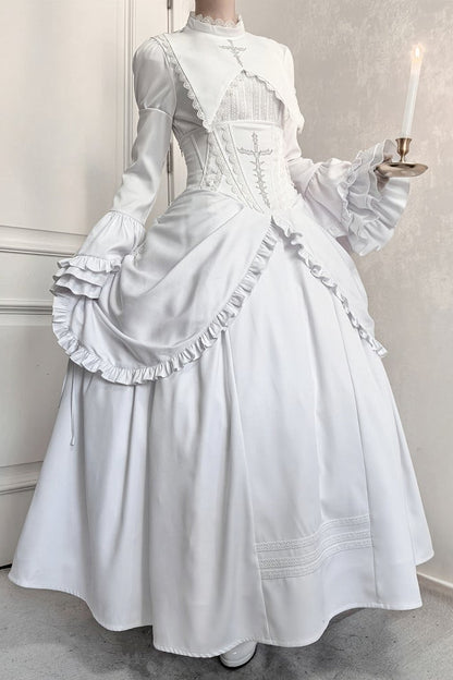 [Termine prenotazione 30 maggio] Abito gothic lolita bianco e nero con maniche svasate + sopragonna a corsetto rialzabile con croci + set completo