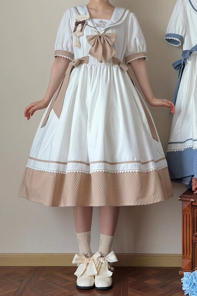 [Reservierungsschluss 28. Juni] 5 Farben/Sailor-Lolita-Streifenkleid mit Schleife und Puffärmeln