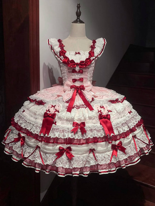 [Pre-order Deadline: July 13] Blue x White/Red x Pink Sweet Lolita Rabbit Lace Ribbon Tiered JSK Dress + Princess Sleeve Ribbon Blouse