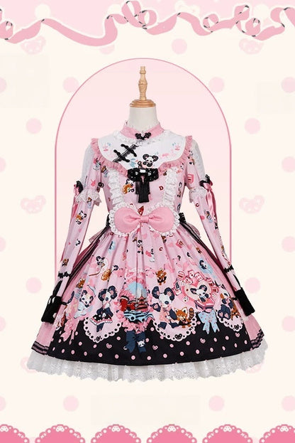 [Pre-order Deadline: October 25] Pink/Green Chinoiserie Lolita Sweet Panda Print Bow Bell Sleeve OP Dress