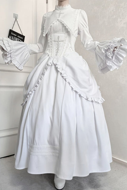 [Termine prenotazione 30 maggio] Abito gothic lolita bianco e nero con maniche svasate + sopragonna a corsetto rialzabile con croci + set completo