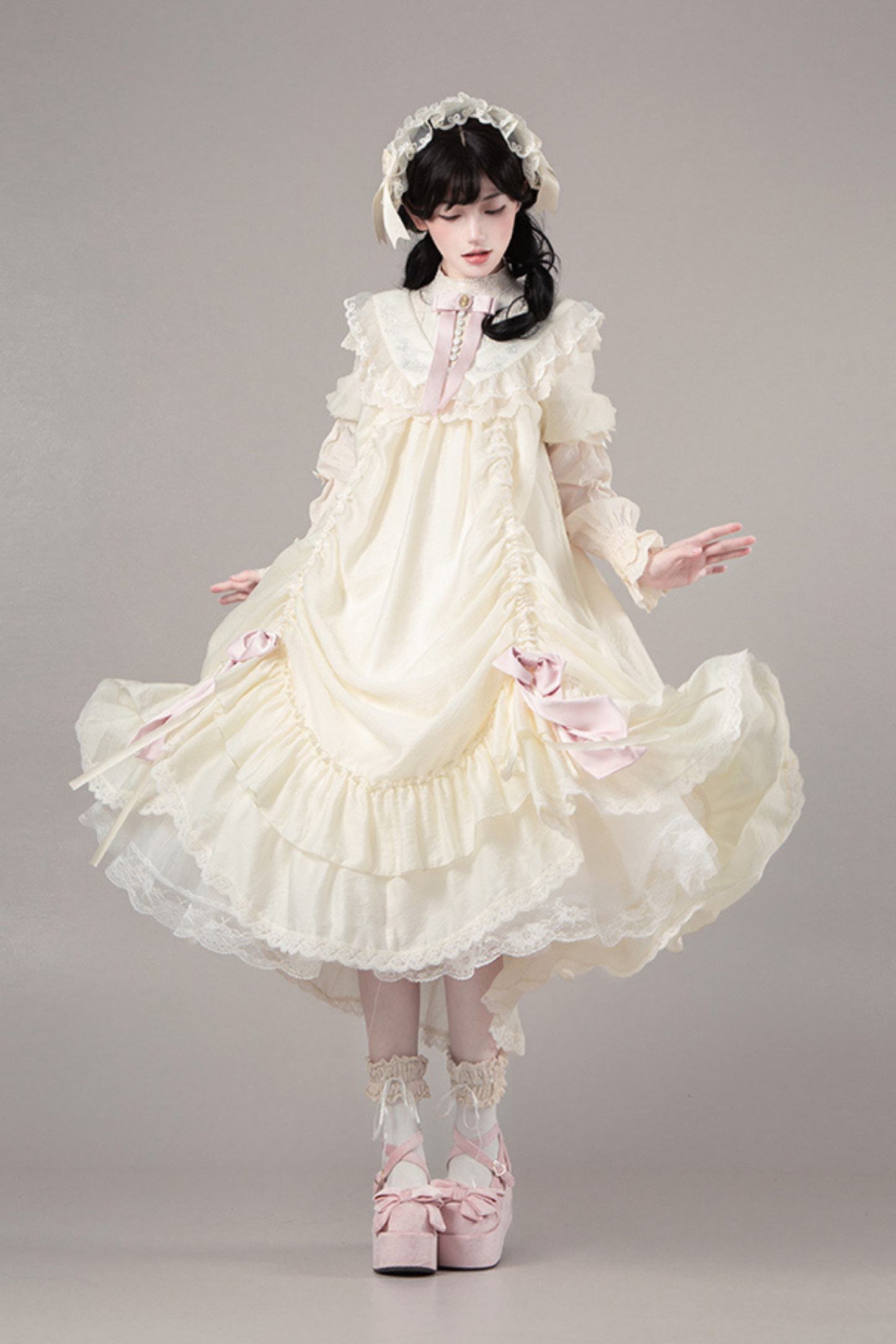 【予約商品】ローズフリルロリータドレス+ドレス＋ベルト＋ブローチ＋リボン＋ヘッドバンド＋スリーブ