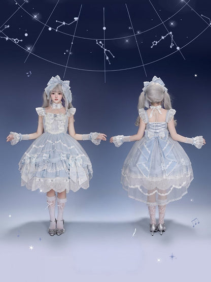 [Clôture des précommandes le 923] Robe JSK classique lolita bleu clair/bleu foncé à broderies d’étoiles célestes, rubans et jupe à volants asymétrique