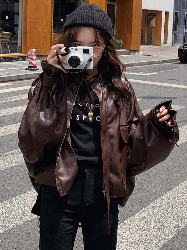 Drop shoulder faux leather blouson