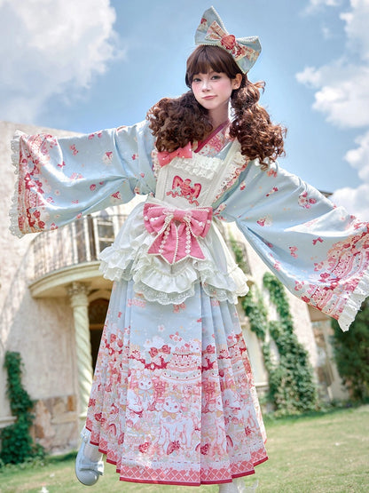 【10月21日予約締切】Pink/Blue Hanfu-inspired Little Lamb Tea Party Lace Wide Sleeve Blouse + Printed Ruffle Skirt + Pleated Mamian Skirt + Strawberry Embroidered Ribbon Lace Apron