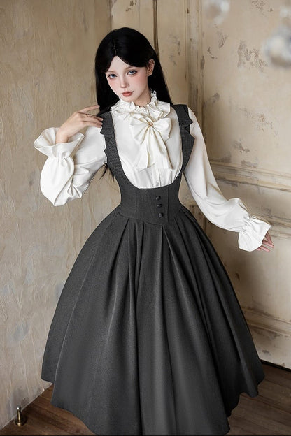 【4月14日予約締切】ダークグレークラシックラペルショルダーロリータコルセットドレス（ショート・ロングA/B）