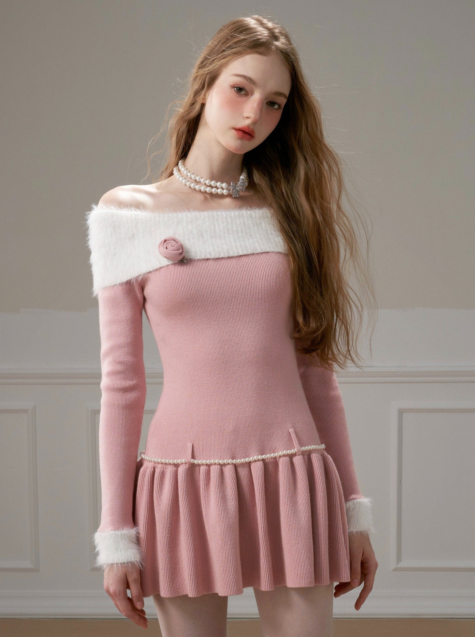 Rose Ballet Sweet Girly Off-Shoulder Knit Dress Belchic Rose Ballet Sweet Girly Off-Shoulder Knit Dress Belchic