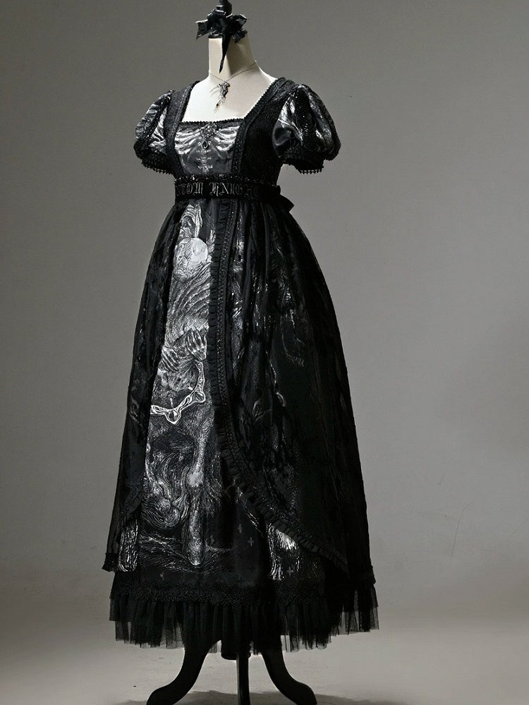 [Vorbestellung bis 8. Juni] Phantom Night Dark Gothic Square Neck Layered Kleid (mit Choker und Taillengürtel)