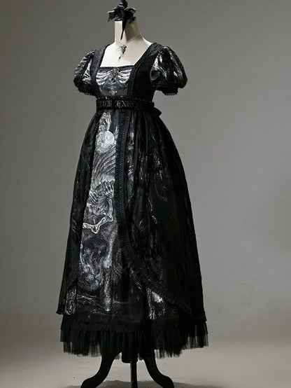 [Vorbestellung bis 8. Juni] Phantom Night Dark Gothic Square Neck Layered Kleid (mit Choker und Taillengürtel)