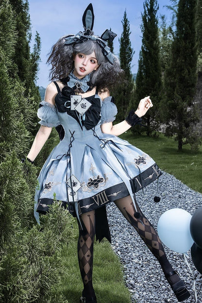 [Reservierungsschluss 10. Juli] Blau-schwarzes Alice-Gothic-Lolita-Komplettset mit Hasenohren-Haarreif und Kleid