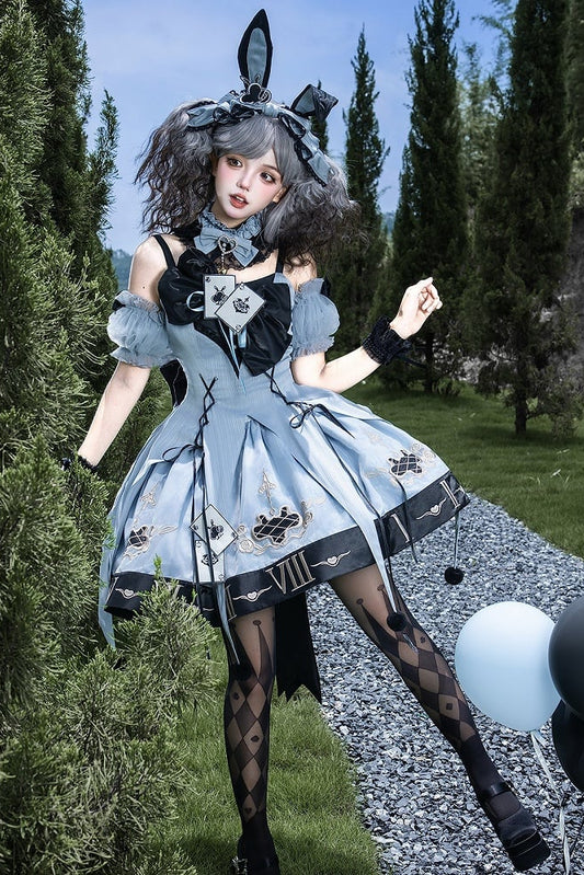 [Pre-order Deadline: July 10] Blue-Black Alice Gothic Lolita Rabbit-Ear Headband Dress Complete Set