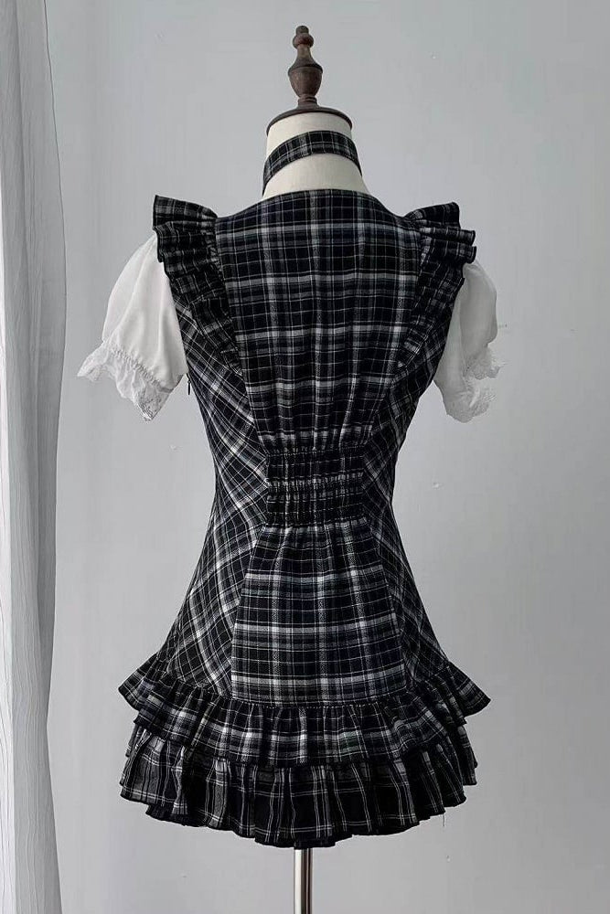 数量限定】ブラックチェックフリルリボンパフスリーブミニドレス