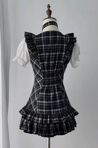 【4月29日予約締切】ブラックチェックフリルリボンパフスリーブミニドレスセットアップ＋チョーカー