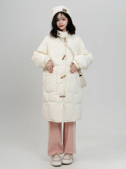 Horn Button Stand Collar Long Duck Down Coat