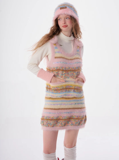 American Retro Color Grain Stripe Knit Vest Sleeveless Long Skirt